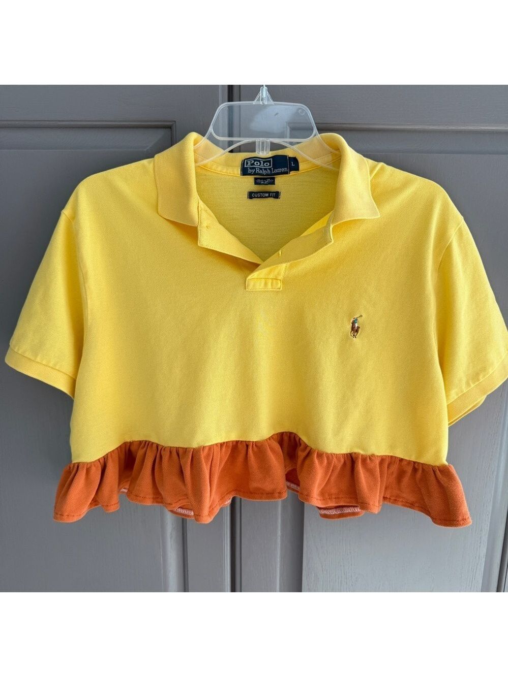 Polo by Ralph Lauren Custom Yellow and Orange Ruffle Cropped Polo Shirt Size L